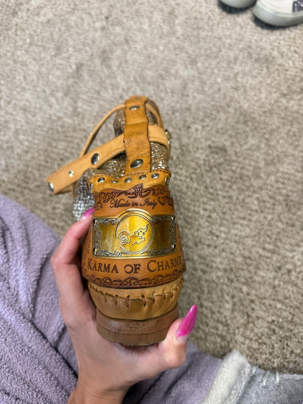 KARMA of CHARME Tan Leather & Metallic Woven Mid-Calf Lace-Up Boots - Picture 3 of 5